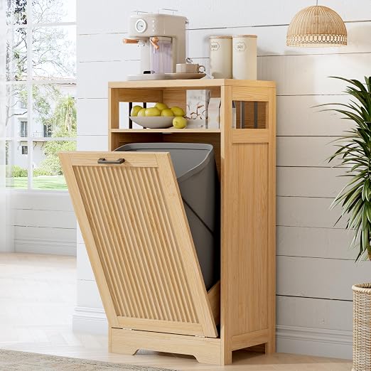 13 Gallon Tilt Out Trash Can Cabinet with Open Shelf & Storage - Pet Proof Hidden Recycling Cabinet & Wooden Laundry Hamper for Kitchen, Bathroom, Living Room,Natural Wood