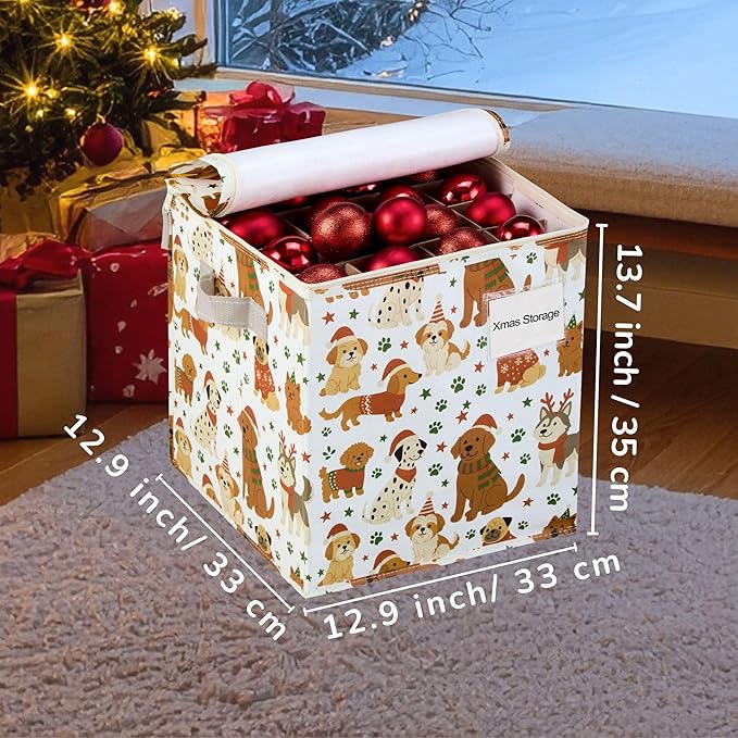 VENO 4 Pack Christmas Ornament Storage Box, Holiday Ornament Organizer with Adjustable Dividers, Sturdy Storage Containers for 64 Ornaments, Zippered Lid & Handles, 3" Cube (Holiday Pups)