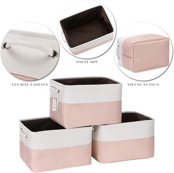 Sea Team Large Rectangle Canvas Open-Top Storage Baskets, 3-Pack | Collapsible Fabric Storage Bins with Handles, Closet Shelf Organizers, 15 x 10 x 10 Inches, Pale Blush & White