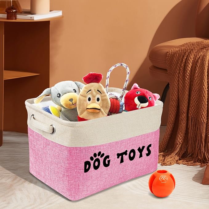 PET ARTIST Dog Toy Basket, Large Collapsible, Pink, M: 15"x11"x9" | Dog Toy Bin Box, Comfortable Handles, Large Pet Toy Storage Organizer, For Accessories, Toys, Coat & Clothing, Blanket Leash
