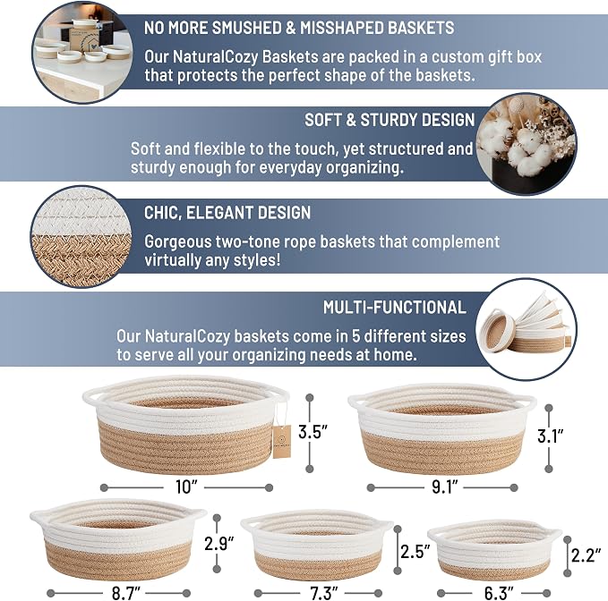 5-Piece Round Woven Cotton Rope Storage Baskets for Organizing, Small Shallow Nesting Set for Montessori Toys, Entryway Catchall, Fruit Bowl, Key Tray, Remote Holder, Nursery & Pet Toys