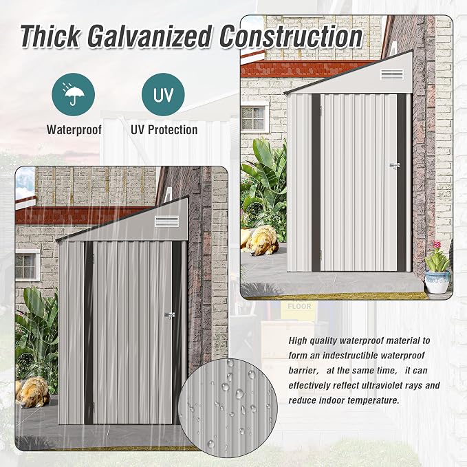 4x8FT Metal Storage Shed, Sloping Roof, Single Hinge Door, White | Outdoor Tool Shed | Ventilation Windows | Waterproof | Protective Film | for Patio, Lawn and Utility Equipment
