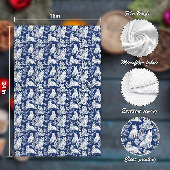 Siberian Husky Dog Gifts for Blue Chinoiserie Floral Decor Kitchen Towels，Blue and White Grandmillennial Husky Dog Decorative Dish Tea Towels for Bathroom,16x24 Inch