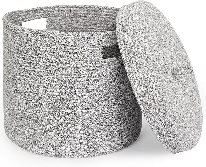Storage Basket with Lid, Woven Blanket Storage for Living Room, Soft Cotton Rope Bin with Lid, Round Wicker Laundry Basket with Cover, Lidded Kid Dog Toy Box, Nursery Organizer, 15"x13", Gray