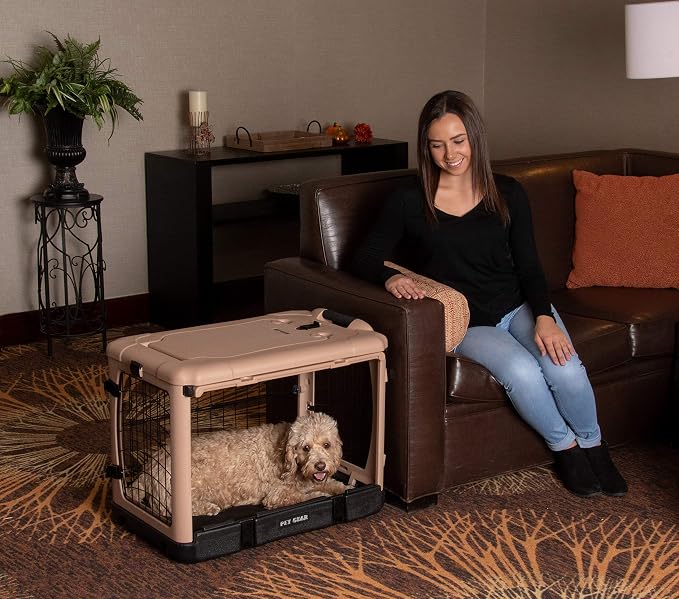Pet Gear The Other Door 4 Door Steel Crate for Dogs/Cats, 27", Beige | Garage-Style Door, Includes Plush Bed & Travel Bag, No Tools Required