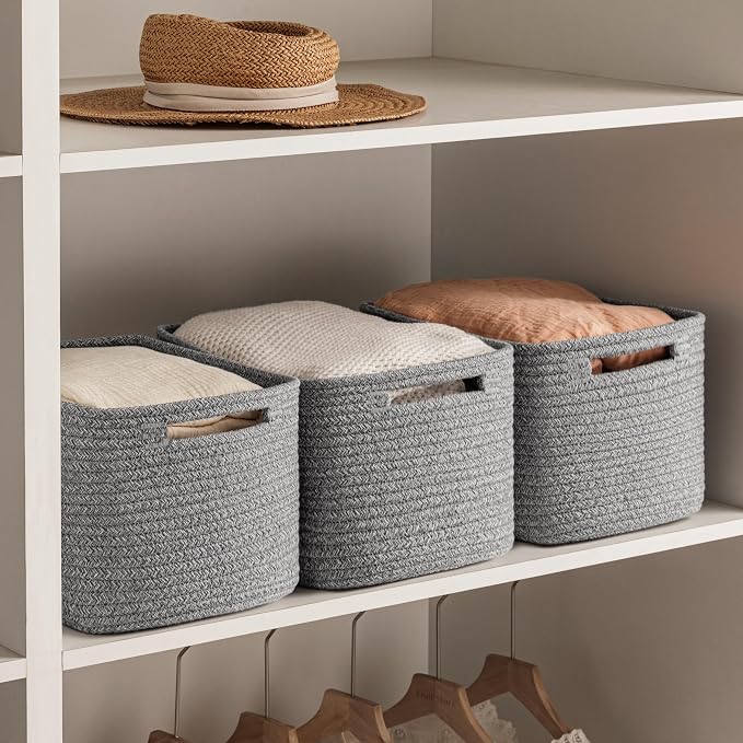 4 Pack Storage Baskets for Organizing, Woven Baskets for Shelves, Grey | 13"Lx9"Wx7.5"H, Woven Basket, Cotton Rope Basket, Toy Storage, Cube Shelf, Gift Baskets Empty, Home Decor