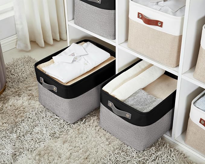 DECOMOMO Storage Bins, Large Fabric Storage Baskets for Shelves 4 Pack | 15 x 11 x 9.5 inches Decorative Linen Closet Organizers (Grey & Black)