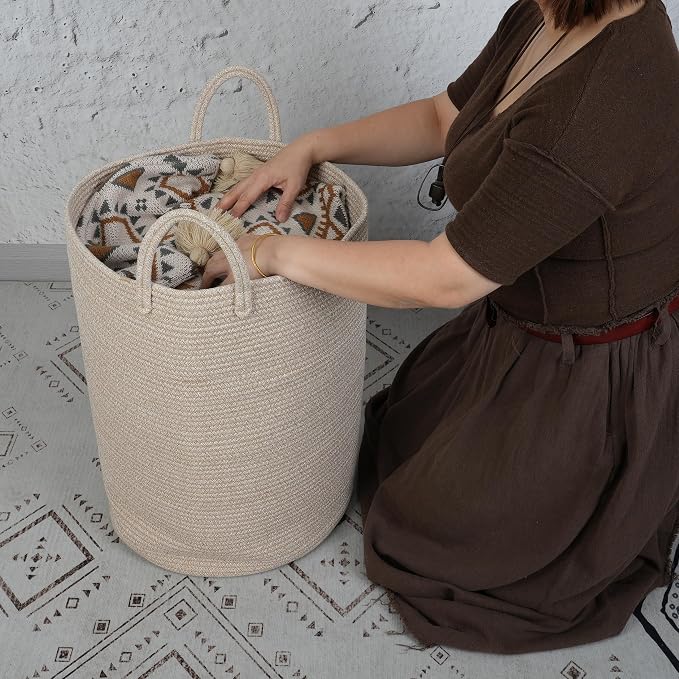 XUANGUO Cotton Rope Laundry Basket Hamper for Clothes Large Oatmeal | Baby Nursery Hamper Bin and Woven Storage Basket for Living Room Bedroom Boho Tall Rope Baskets Blankets Toys Pillows Towels
