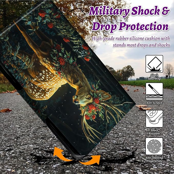 Rotating Handle Case for Samsung Galaxy Tab S8 Plus 2022/S7 FE 2021/S7 Plus 2020 12.4 Inch, 360 Degree Swivel Kickstand with Magnetic Closure Leather Protective Cover, Rose Forest Deer