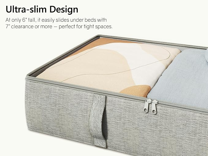 2-Pack Under Bed Storage Containers, 8 Inches Tall Clothes Storage, Gray | Large Capacity Collapsible Underbed Organizer with Sturdy Sidewalls/Bottom, Cotton Linen Bins, For Seasonal Clothes & Bedding