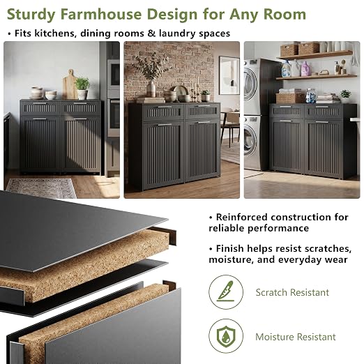 Double 13 Gallon Pull Out Trash Can Cabinet with Drawer, Garbage Cabinet | Pet Proof Hidden Trash Storage, Fluted Farmhouse Design, Space-Saving Kitchen Organizer, Dining Room Storage,Black