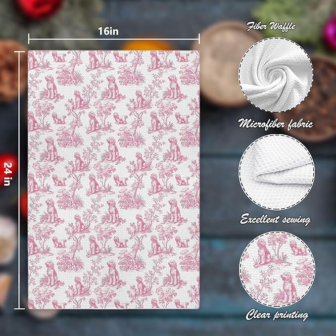 Pink Chinoiserie Poodle Kitchen Towels, Standard Poodle Gifts Hand Towels for Kitchen Bathroom Decor,Pink Botanical Grandmillennial Dog Decorative Dish Tea Towels, 16x24 Inch