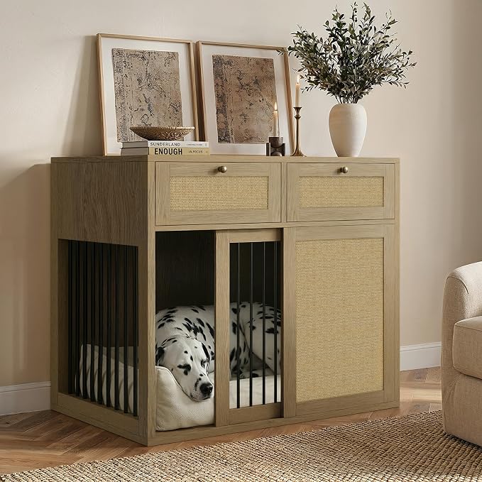 PureCozy Wooden Dog Crate Furniture, Left Unit, 40 Inch, Light Oak | Cane cabinet and metal sliding door with 2 storage drawers; furniture-style indoor kennel doubles as an end table.