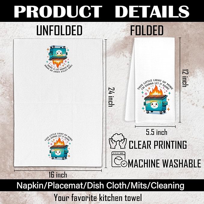 Funny Kitchen Towels, Dumpster Fire Gifts Dish Tea Towels for Kitchen Decor, This Little Light of Mine Dumpster Fire Funny Hand Towels for Bathroom Decor, 16x24 Inch