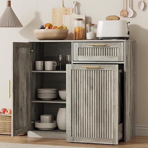 13 Gallons Pull Out Trash Can Cabinet with Storage, Fluted Pet Proof Trash | Kitchen Trash Cabinet with Adjustable Shelf & Drawer, Hidden Garbage Can Cabinet for for Laundry, Living Room
