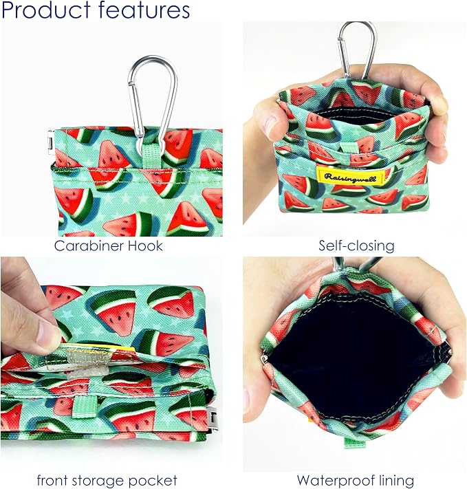 Dog Treat Pouch,Cotton Pocket Sized Training Holder, Hand Free Walking Funny Bag with Carabiner, Self-Closing Pet Feed Snack Reward, Behavior Aids for Puppy Travel or Outdoor Use（Watermelon）