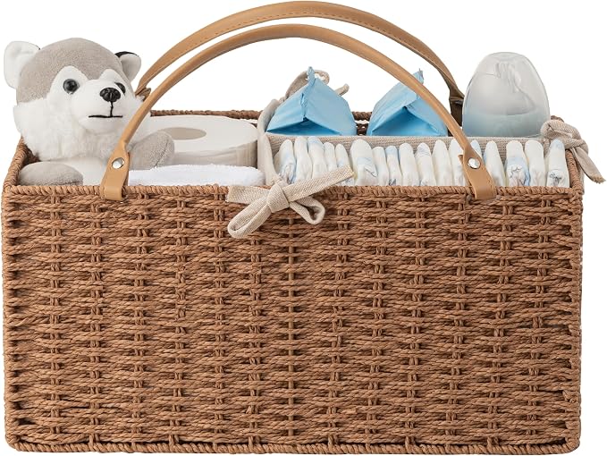 HBlife Baby Diaper Caddy Organizer, Paper Rope Storage Baskets Nursery Bin with Removable Divider, Portable Car Organizer for Diapers, Baby Shower Gifts, Newborn Essentials Must Haves