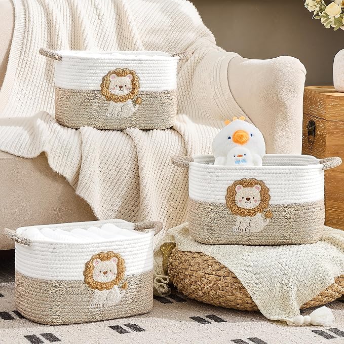 Storage Basket, Woven Baskets for Shelves, Lion | 3 Pack Boho Cotton Rope Storage Baskets, 14" x 9" x 8", Home Organizer for Nursery, Holds Toys, Books & Towels