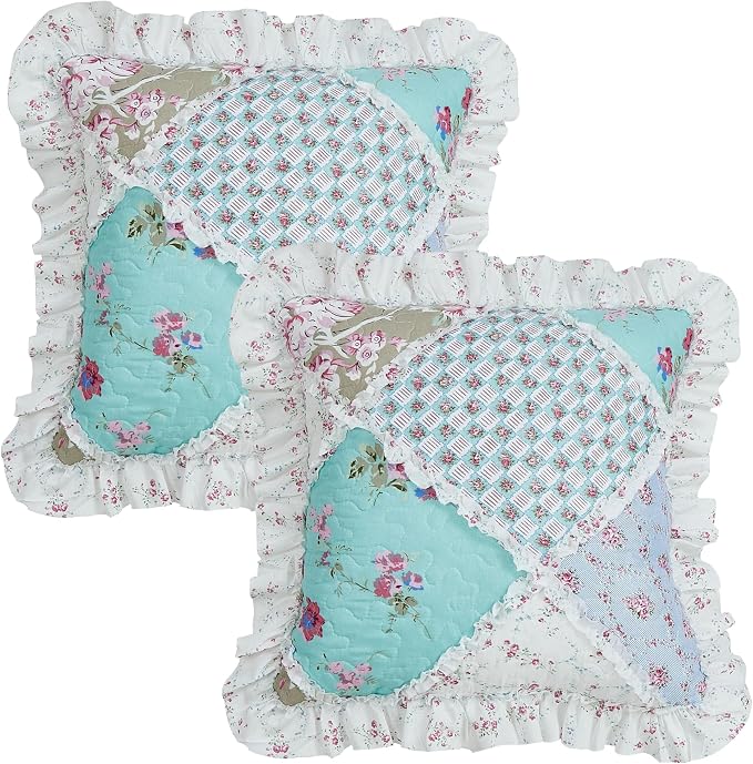 Brilliant Sunshine Blue & Green Roses Ruffle Pillowshams Set, 18"x18" | Patchwork Design with Ruffles, Quilted Pillow Covers, Washable Throw Cushion Cases for Couchs and Beds, Pack of 2