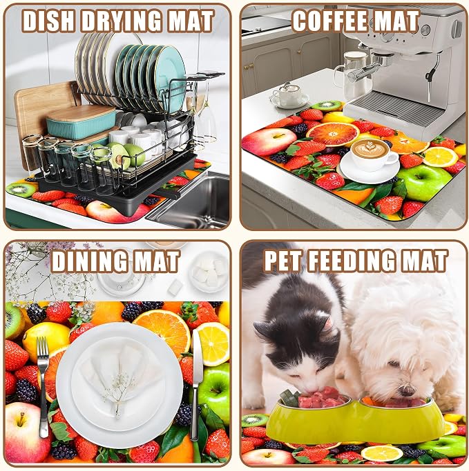 Fresh Fruits Dish Drying Mat for Kitchen Counter Coffee Bar Mat Hide Stain Absorbent Non-Slip Rubber Backed Drying Rack Pad Espresso Machine Coffee Bar Accessories 11.8 x 19.7 Inch