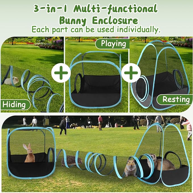YUEPET Rabbit Tunnel & Cube Tent Set, 3-in-1 Bunny Playpen | Large Bunny Tunnels, Breathable Mesh Panels, Folds for Storage, Indoor Outdoor Enclosure for Cat Ferrets Guinea Pig