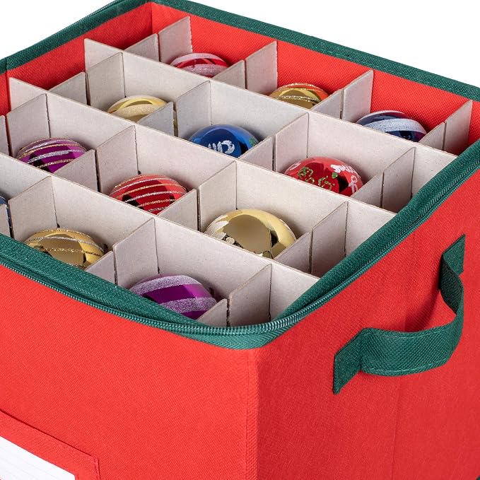 HOLDN’ STORAGE Christmas Ornament Storage Box Christmas Decor Storage Containers that Store up to 64 – 3” x 3” Holiday Xmas Ornaments – Adjustable Compartment To Fit Many Sizes Ornaments – Red