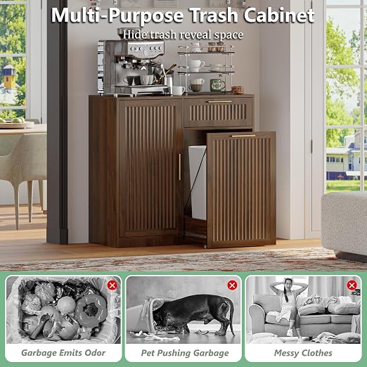 Single 13 Gallon Pull Out Trash Can Cabinet with Storage Cabinet,Walnut | Pet Proof Hidden Garbage Can Cabinet,3-Tier Shelves,Fluted Design,Extra Drawer Space,Kitchen & Dining Room Organization