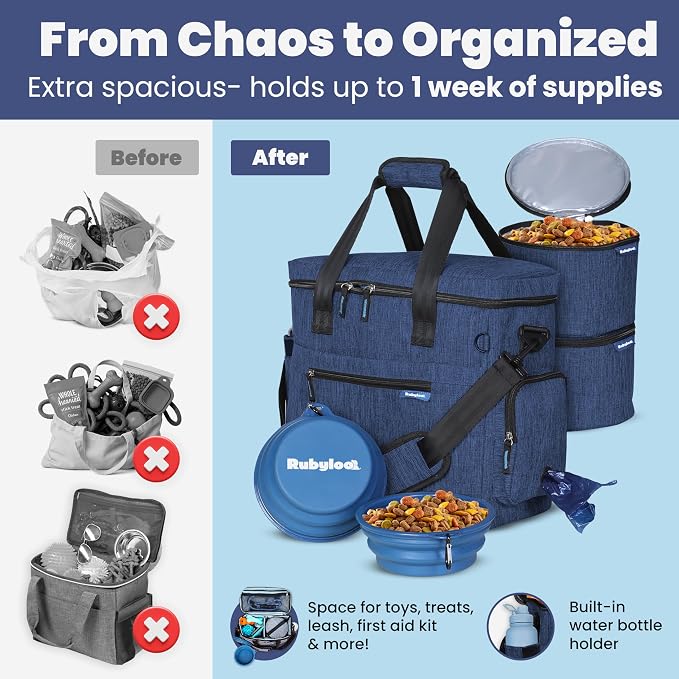 Original Doggy Bag™ Dog Travel Bag for Supplies with Travel Bowls | 2 BPA-Free Collapsible Bowls, 2 Pet Food Containers, TSA-Ready, Road Trips, Camping, Weekend Getaways, Doggy Gift, Navy