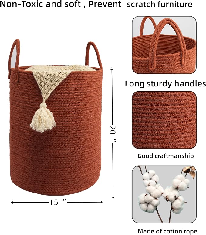 Woven Cotton Rope Laundry Basket, 15" x 20" Laundry Hamper, Rustic | Rope storage basket for dirty clothes, toys and blankets. Perfect for bathroom, baby nursery and living room storage.