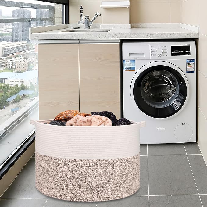 Large Cotton Rope Blanket Basket, 87L Laundry Hamper, White & Brown