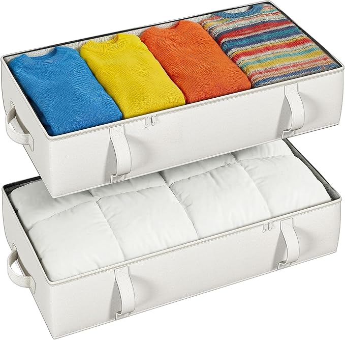 2-Pack Under Bed Storage Containers, 8 Inches Tall Clothes Storage, Beige | Large Capacity Collapsible Underbed Organizer with Sturdy Sidewalls/Bottom, Cotton Linen Bins, For Seasonal Clothes & Bedding
