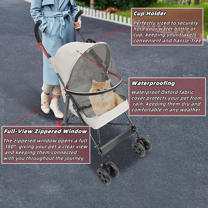 Pet Stroller for Small Medium Dogs Up to 22lbs, 4 Wheels Folding Pet Carriage Cart for Dogs Cats, Portable Cat Puppy Jogging Stroller with Rear Pocket and Cup Holder (Gray)
