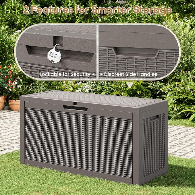 75 Gallon Outdoor Storage Box Waterproof Deck Box for Patio | Gray, Resin, Weatherproof, Lockable, Compact, Easy Assembly, Patio Cushions Storage, Pool Garden Accessories Organization