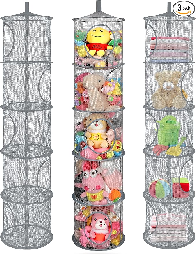 3Pcs Hanging Stuffed Animal Storage Hammock Net 5 Tiers, Grey | Hanging Mesh Storage Organizer for Kids Room, Holds Plushies, Gloves, Hats, Socks, Foldable Space-saving Design