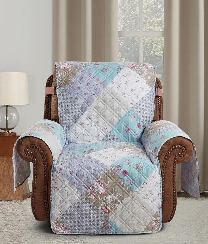 Brilliant Sunshine Blue & Green Roses Couch Recliner Cover, 28" seat | Quilted Sofa Cover, Living Room & Bedroom Furniture Protector, Large Washable Reclining Chair Slipcover for Pets, Dogs & Cats