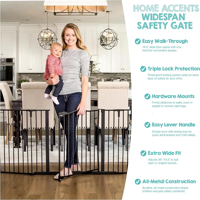 Regalo Safety 56"-74.5" Super Wide Configurable Baby Gate | Hardware Mounted, For Doorways & Open Spaces, For Babies, Toddlers & Pets, Black, Tested & Trusted for 30 Years