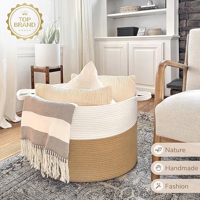 INDRESSME XXXLarge Woven Rope Blanket Basket Living Room, 90L | 21.7" x 13.8" Storage baskets for toys laundry & pillows. Fits living room, bedroom or nursery décor. Soft-touch with handles