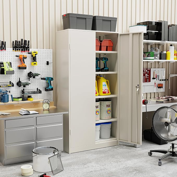 Crownland 72" Metal Storage Cabinet, Lockable Garage Storage Cabinets, High Office Cabinet with Adjustable Shelves for Garage, Home Office, Pantry, File, Warm Gray