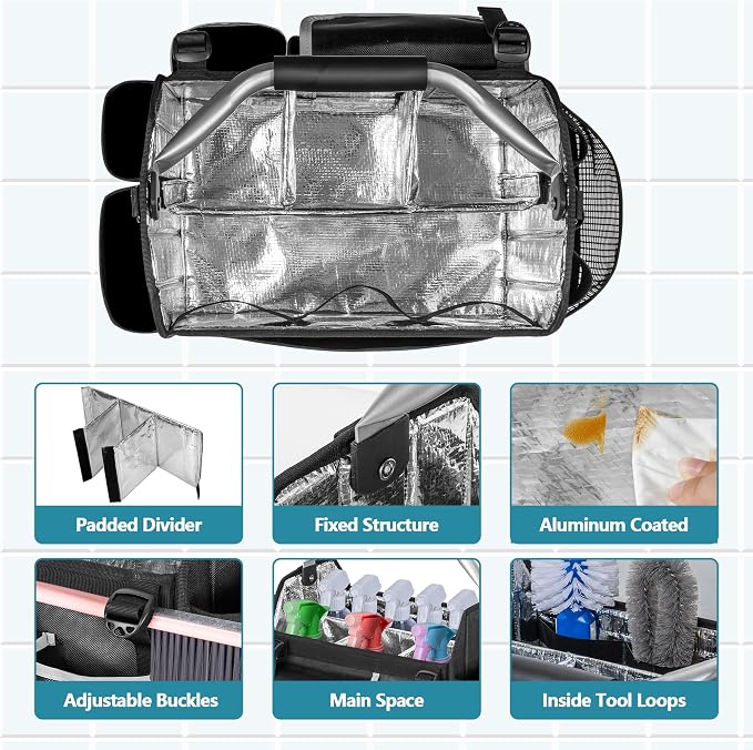 HODRANT Wearable Cleaning Caddy Organizer with Divider & Support Pad | Cleaning Supplies Bag with Handle & Detachable Shoulder Strap, Housekeeping Storage Box with Multi Pockets, Bag Only