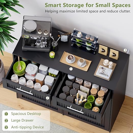 Double 13 Gallon Pull Out Trash Can Cabinet with Drawer, Garbage Cabinet | Pet Proof Hidden Trash Storage, Fluted Farmhouse Design, Space-Saving Kitchen Organizer, Dining Room Storage,Black
