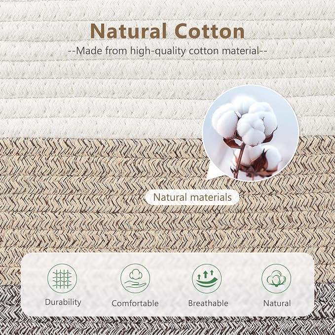 ECDYQXVU 15x10x9 Woven Cotton Rope Storage Basket, Leather Handles 3 Pack | Foldable Design, Sturdy PU Handles, Easy to Clean Organizer for Living Room, Closet, Shelves, Bedroom, Laundry, Clothes
