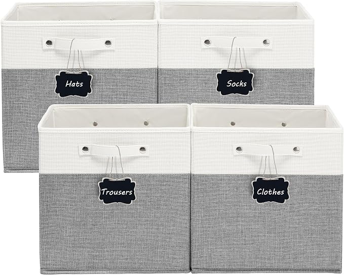 FinishingBo 13 inch Cube Storage Bins with Handles 4 Pack | Foldable Linen Storage Baskets, Closet Organizers, Shelf Baskets, White Grey