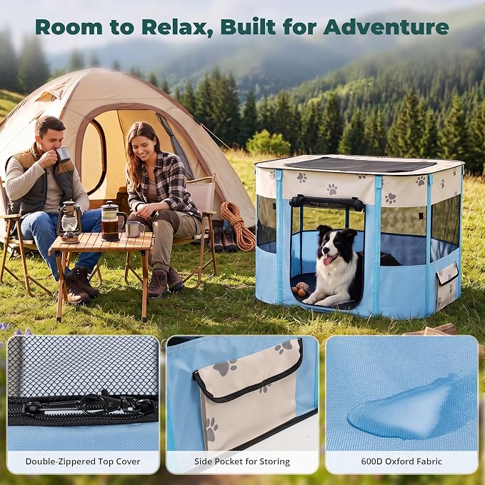Avont Portable Pet Puppy Dog Playpen, Foldable Cat Playpen, Indoor/Outdoor | Water-Resistant Breathable Shade Cover, Travel Camping Use for Small Animals with Carrying Case, (S/Blue)