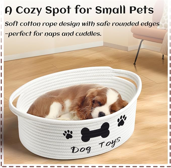 Bufims Small Woven Dog Gifts Basket for Storage Empty Dog Toy Bins Organizer with Ribbons and Bags Durable Cute Pet Gifts 12"X 8" X 5" Small Rope Basket for Gifting