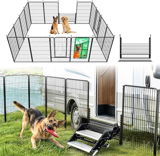FXW Rollick Dog Playpen with RV Step Grid for RV Camping, 45" H, 16 Panels | Easy Setup & Sturdy, Blocks RV Stair Gaps, Fits RV Steps up to 30"W, For Large Dogs, Patented