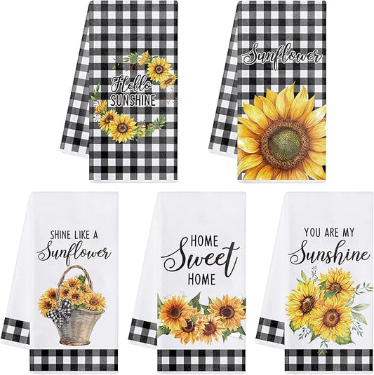 R HORSE 5Pcs Sunflower Kitchen Towels Decorative Set, Summer Flower Dishcloth Absorbent Quick Dry Hand Dish Tea Towel, Sunflower Kitchen Decor Reusable Floral Dishcloth for Bathroom Cooking Home