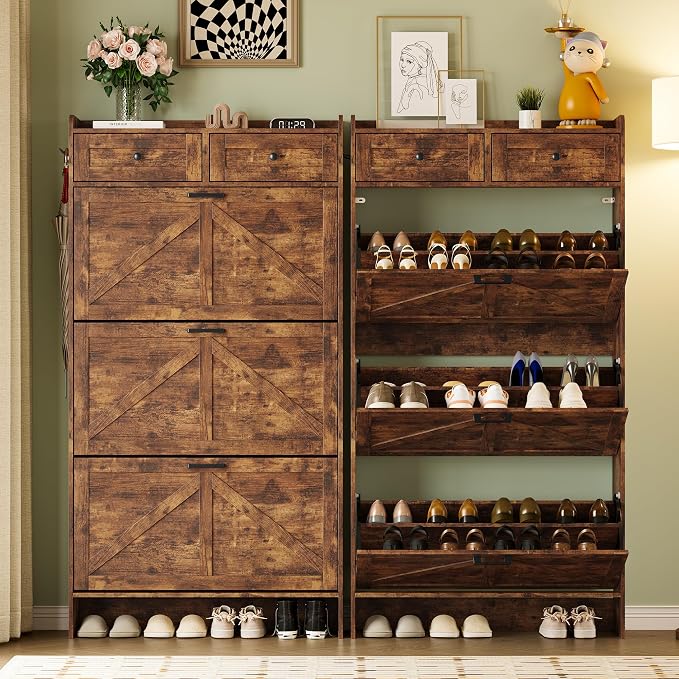 BORNOON Shoe Storage Cabinet for Entryway, Farmhouse Narrow Shoe Cabinet with 3 Flip Drawers & 2 Top Drawers, Adjustable Shelves & Hooks, Freestanding Hidden Rack Organizer for Hallway, Foyer