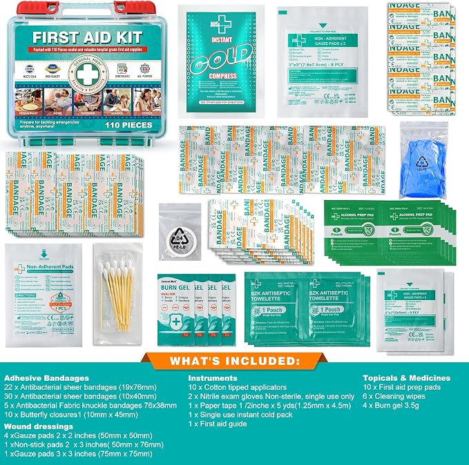 General Medi 110 Pieces Small First Aid Kit - HardCase First Aid Box - Contains Premium Medical Supplies for Travel, Home, Office, Vehicle, Camping, Workplace & Outdoor (Pack of 2)