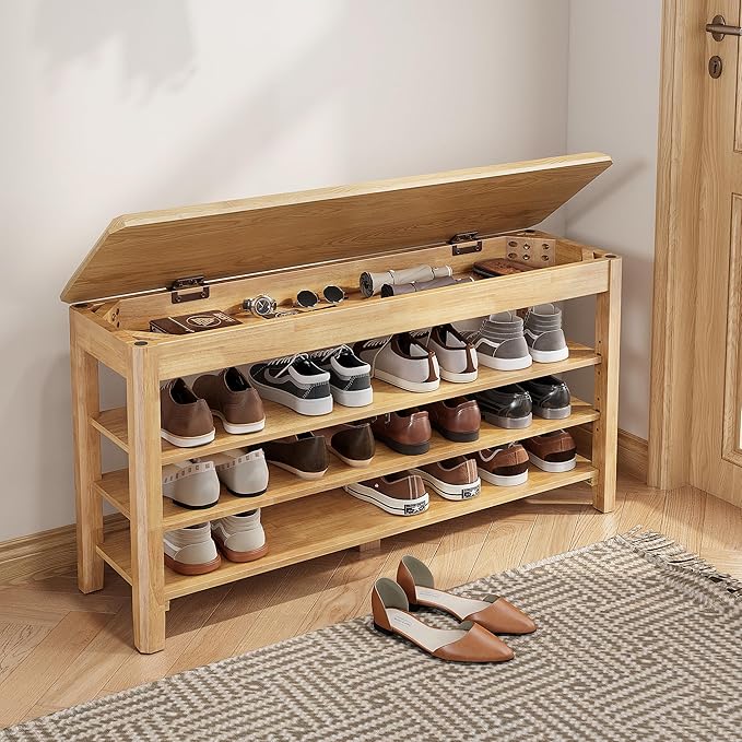 IUNVR Shoe Rack Bench Seat Rubberwood 3-Tier Wooden Storage Bench 550lbs Compact Mid-Century Modern Design for Entryway, Hallway, Closet, Front Door Entrance, Foyer