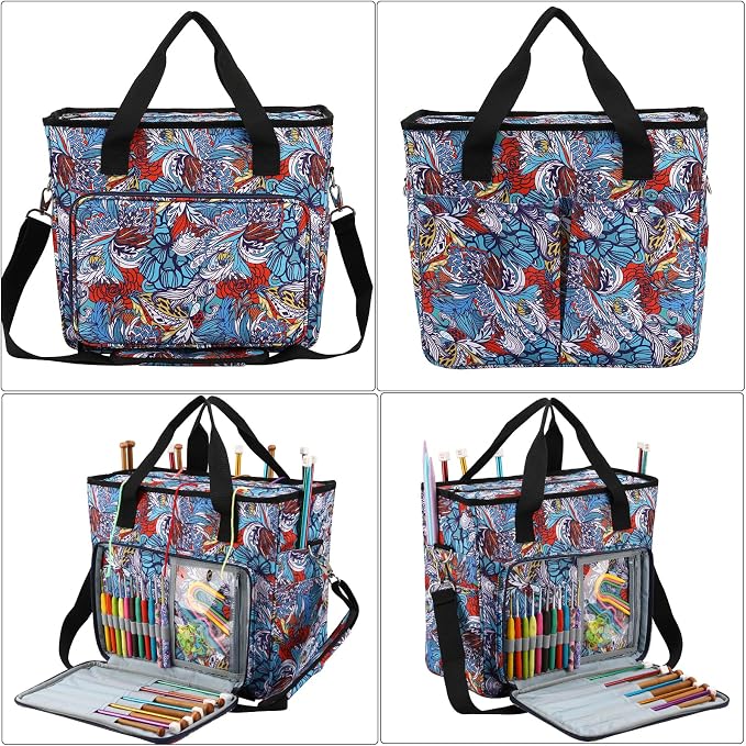Yarn Knitting Storage Tote-Large Capacity Crochet Organizer Portable Travel Bag with Shoulder Strap Crochet Hooks Case for Unfinished Bulk Project